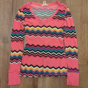 VTG OP Sport Women's Medium Sweater Aztec Pink Colorful Stripe Fair Isle V-Neck